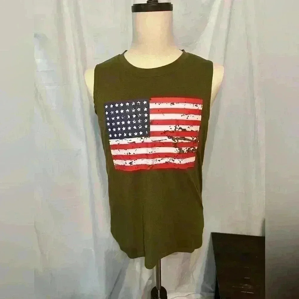 Women’s Sleeveless American Flag Tank Top. Size Medium. Olive Green.